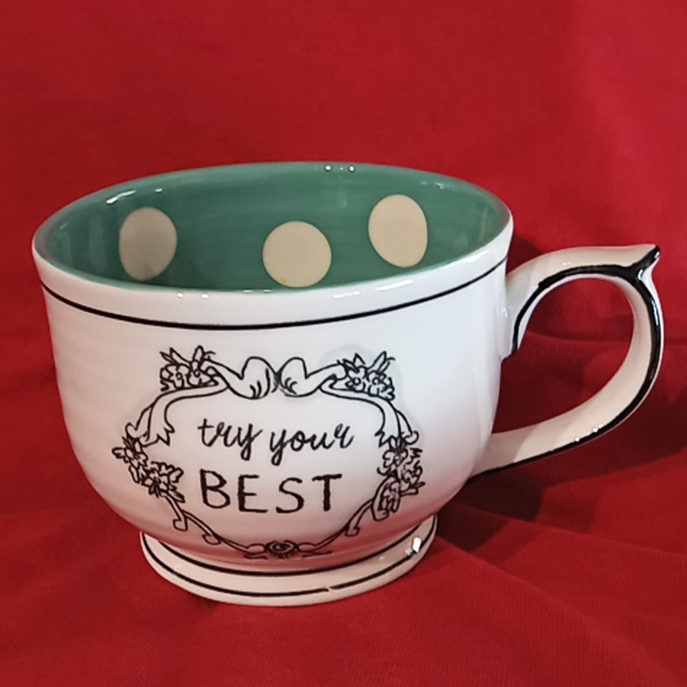 Katie Mandy - "Try Your Best" Mug. Teal Green Inside With White Polka Dots.